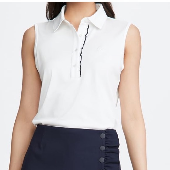 Tory Sport-Tech Pique Sleeveless Ruffle Polo white with Navy Size M EUC - Picture 1 of 12